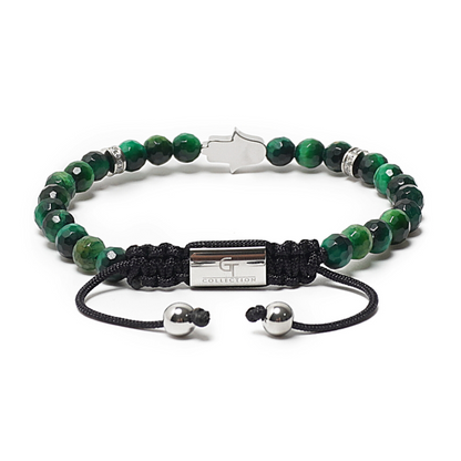 Men's GREEN TIGER EYE Bracelet with Silver HAMSA Hand