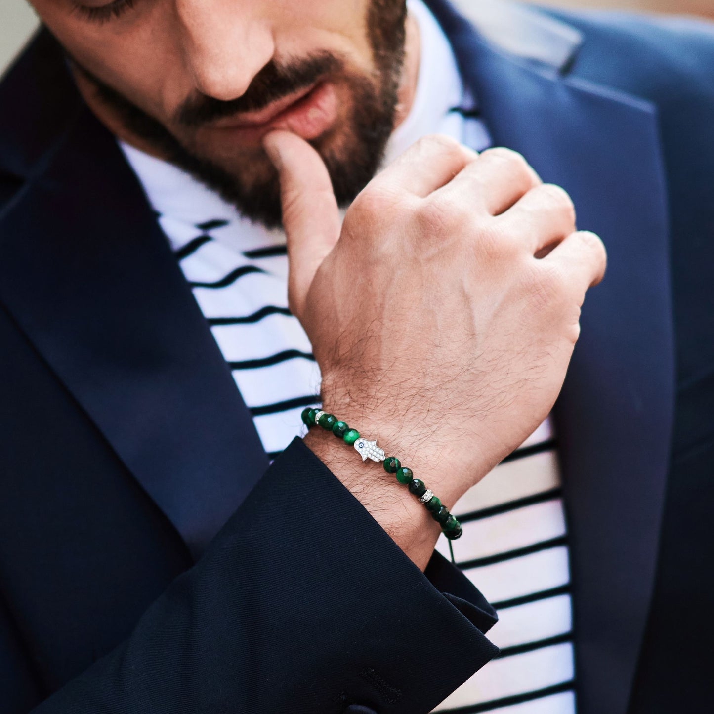 Men's GREEN TIGER EYE Bracelet with Silver HAMSA Hand