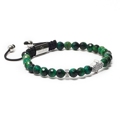 Men's GREEN TIGER EYE Bracelet with Silver HAMSA Hand