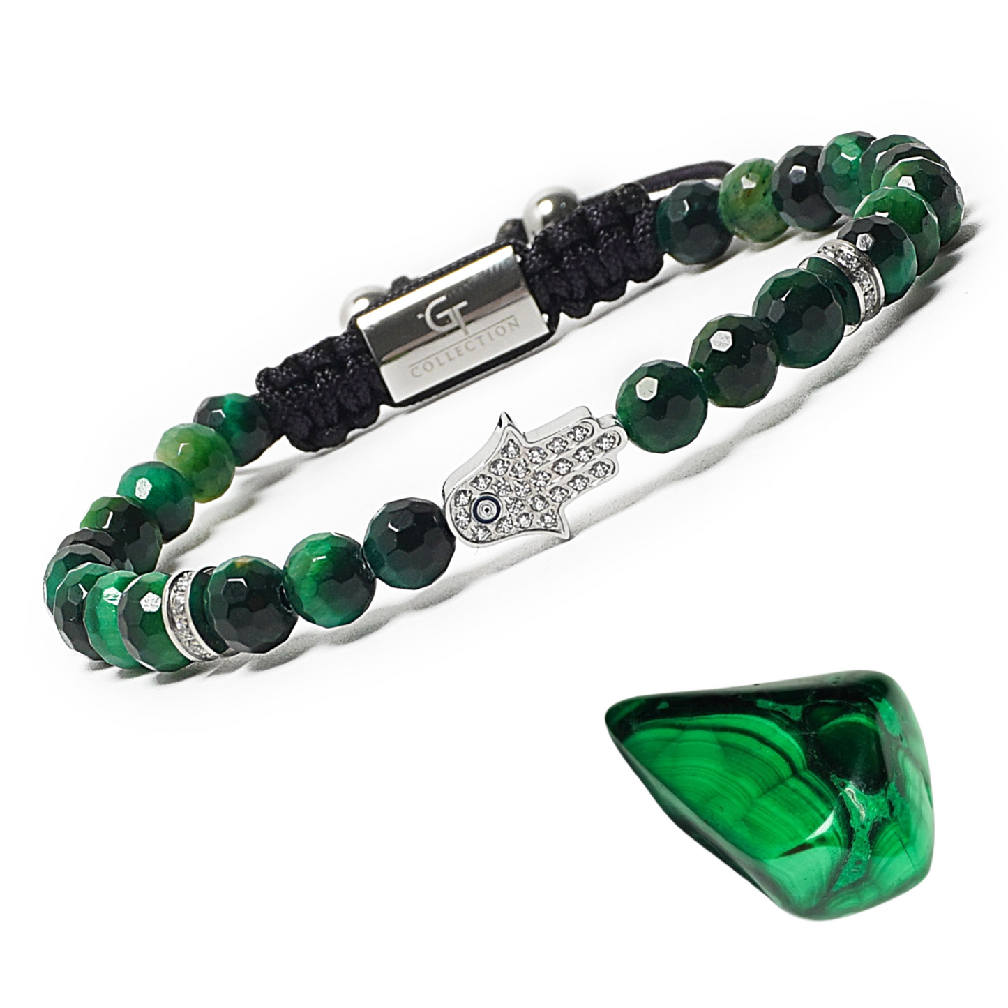 Men's GREEN TIGER EYE Bracelet with Silver HAMSA Hand
