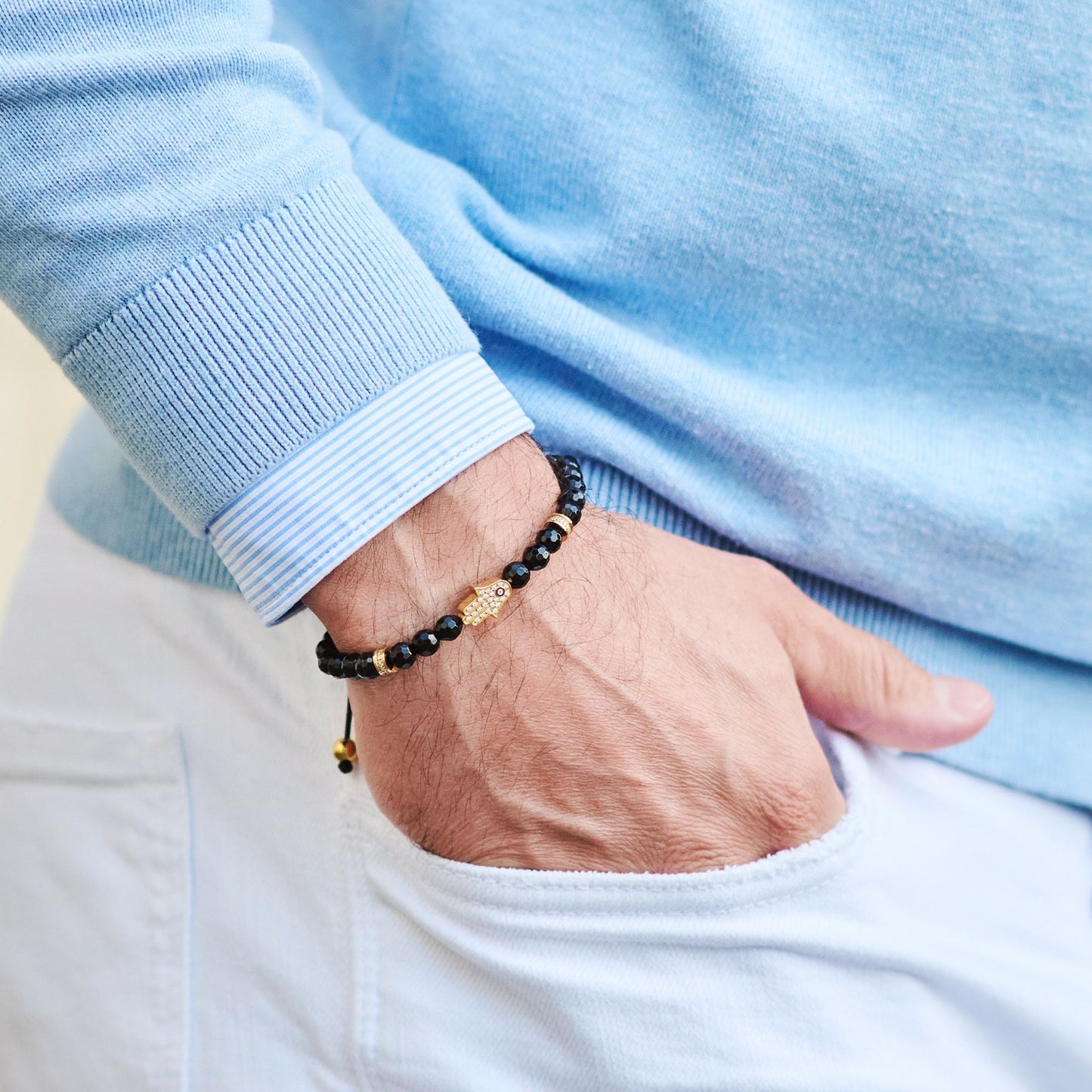 Men's BLACK ONYX Bracelet with Golden HAMSA Hand
