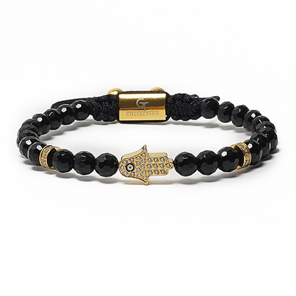 Men's BLACK ONYX Bracelet with Golden HAMSA Hand