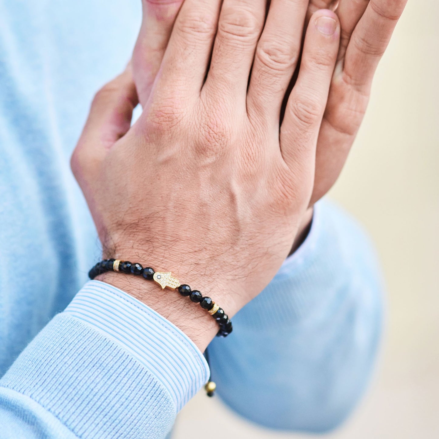 Men's BLACK ONYX Bracelet with Golden HAMSA Hand