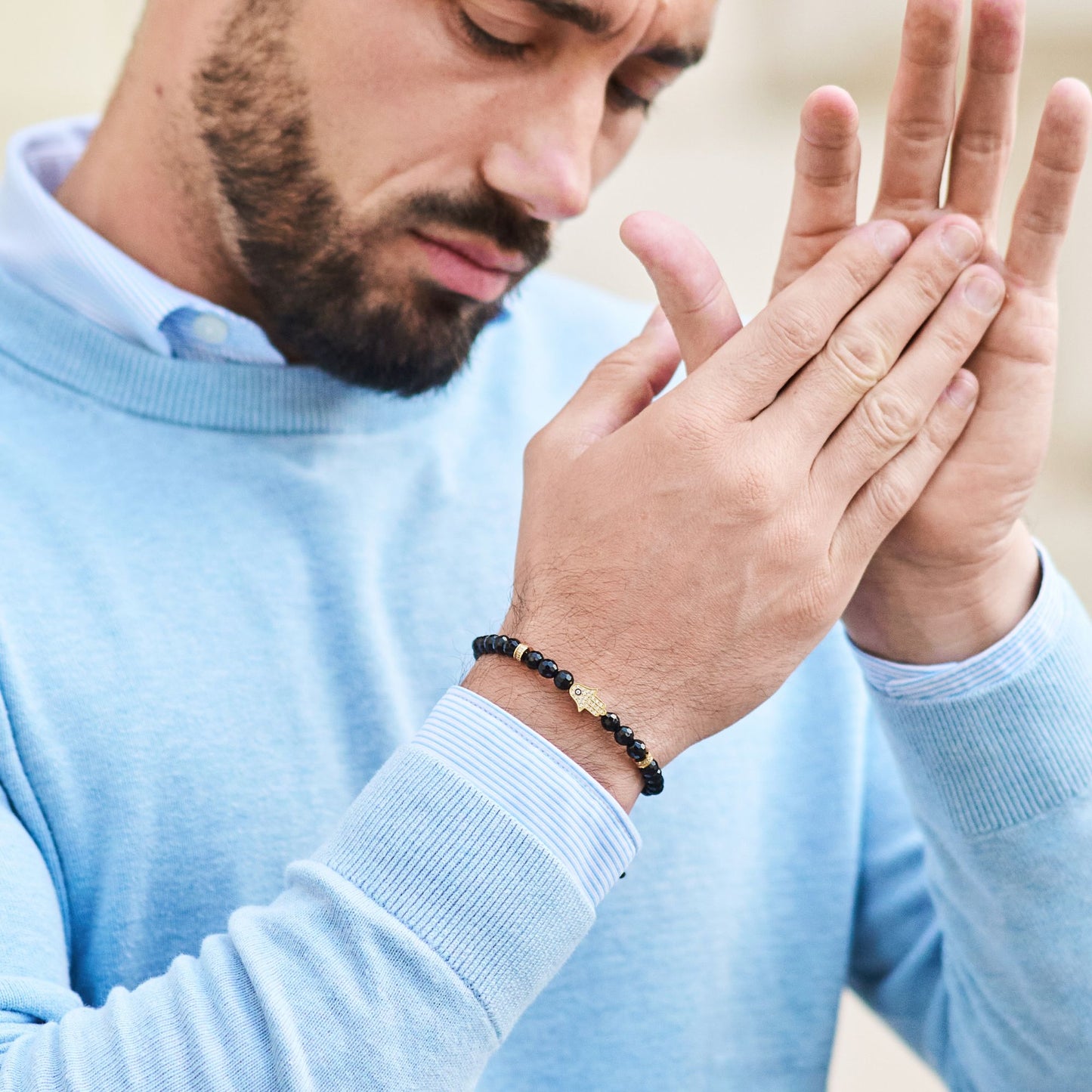 Men's BLACK ONYX Bracelet with Golden HAMSA Hand