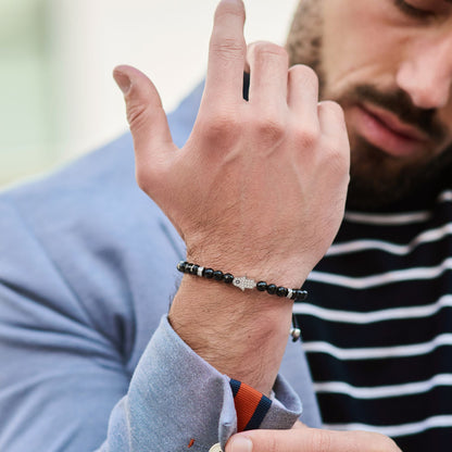 Men's BLACK ONYX Bracelet with Silver HAMSA Hand