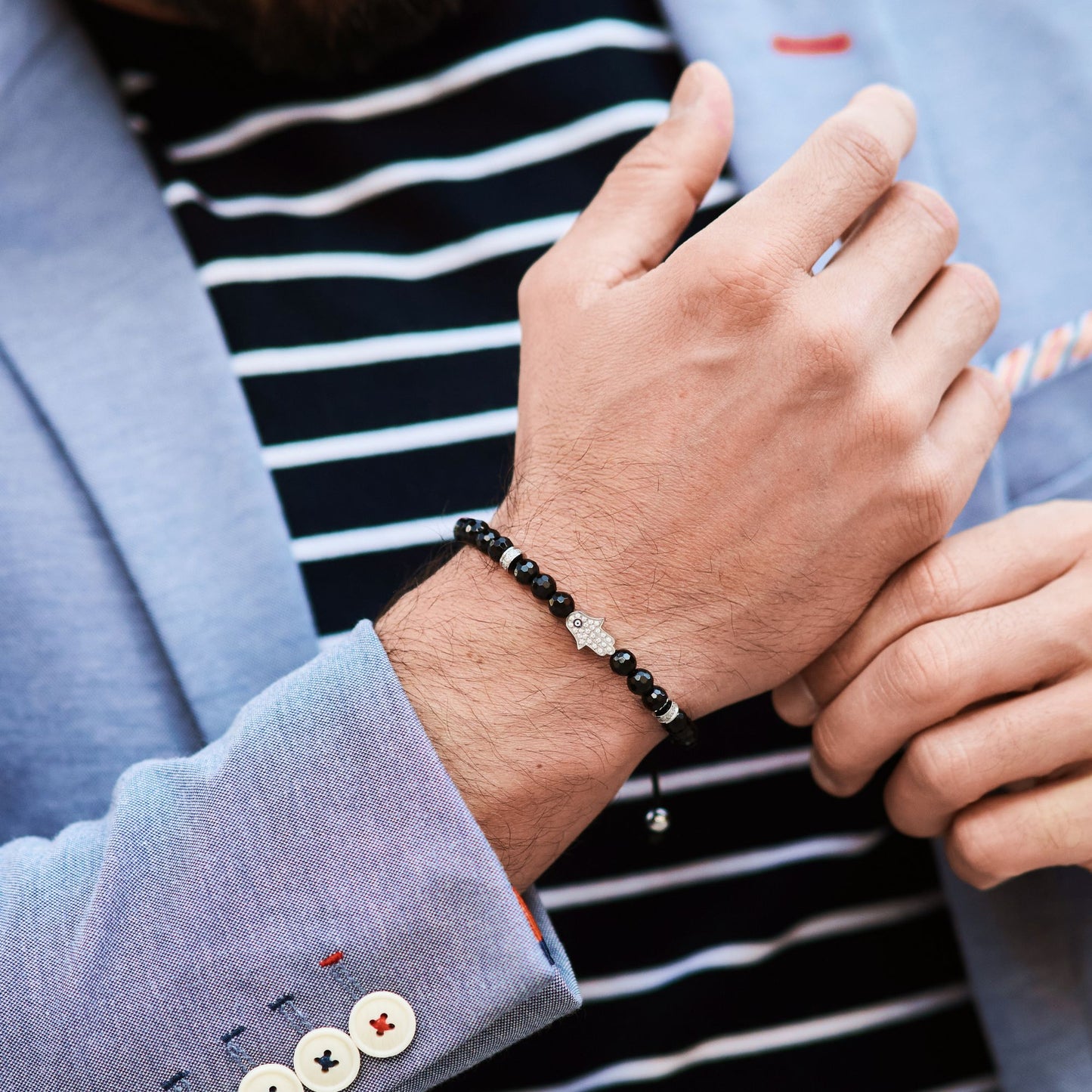 Men's BLACK ONYX Bracelet with Silver HAMSA Hand