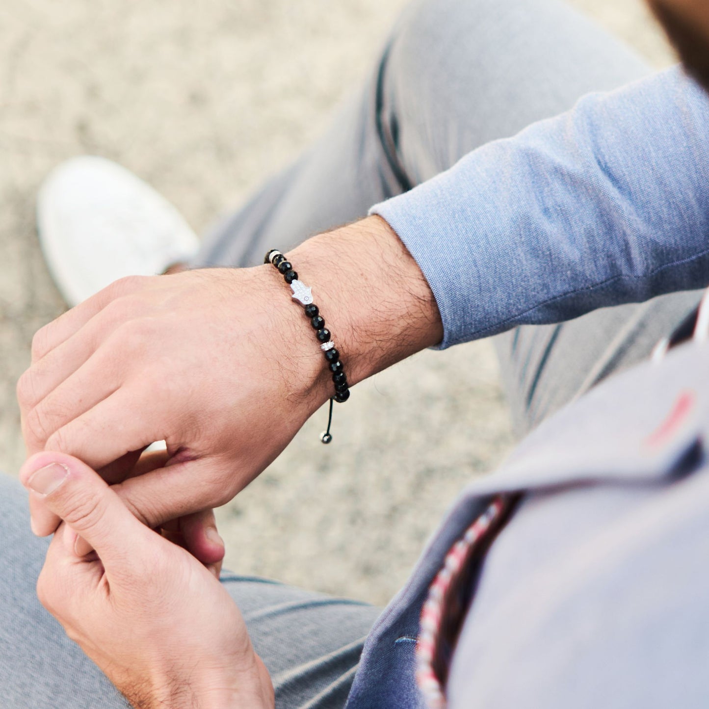 Men's BLACK ONYX Bracelet with Silver HAMSA Hand