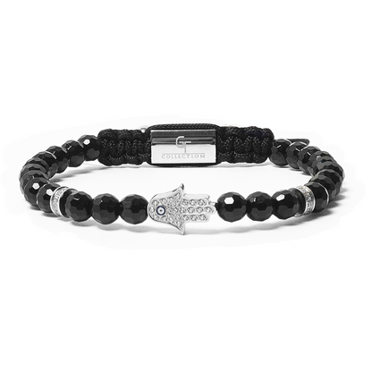 Men's BLACK ONYX Bracelet with Silver HAMSA Hand