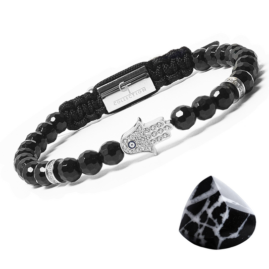 Men's BLACK ONYX Bracelet with Silver HAMSA Hand