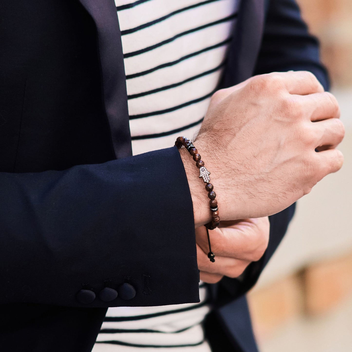 Men's RED TIGER EYE Bracelet with Black HAMSA Hand