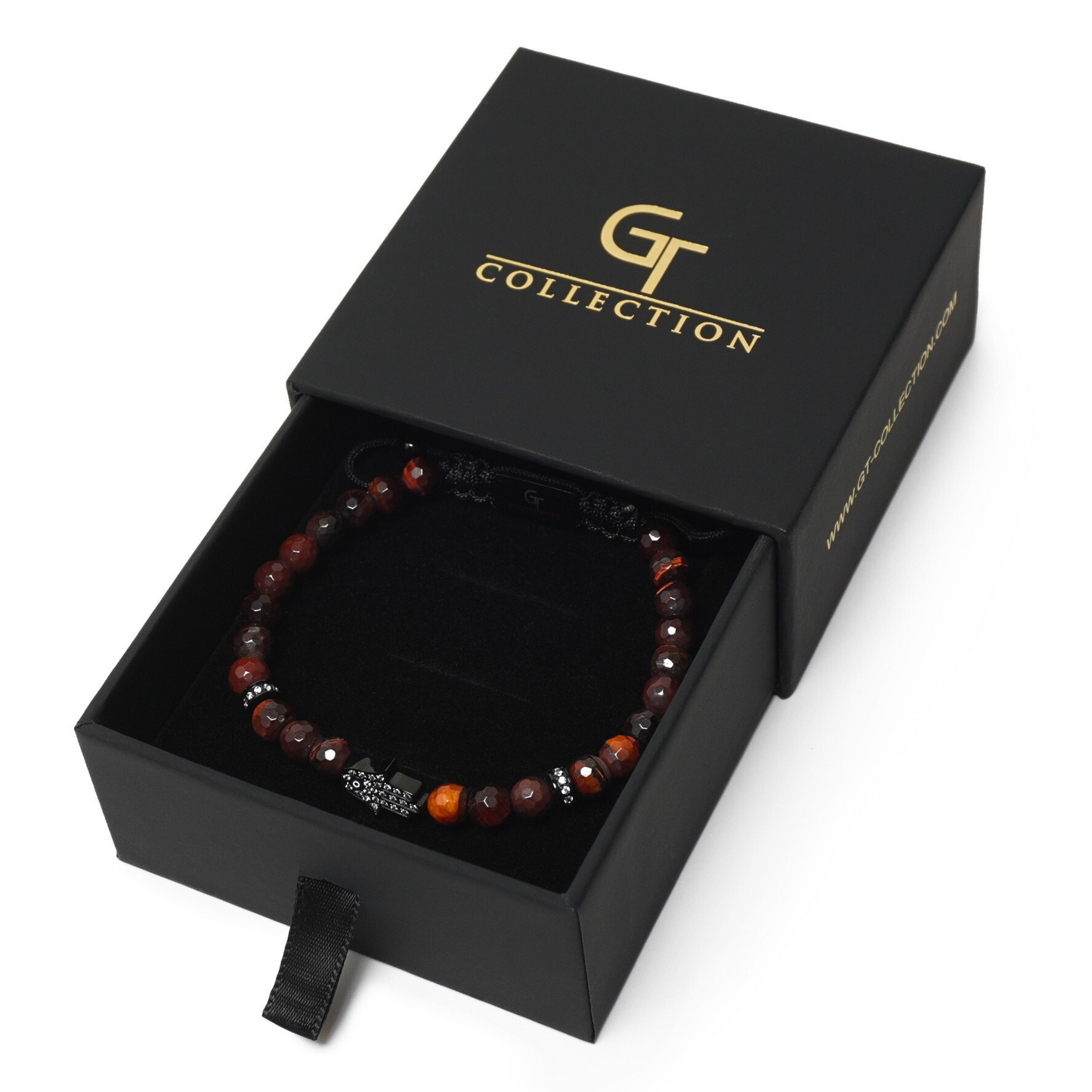 Men's RED TIGER EYE Bracelet with Black HAMSA Hand