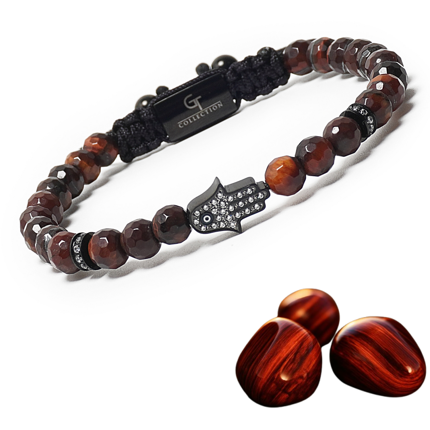 Men's RED TIGER EYE Bracelet with Black HAMSA Hand