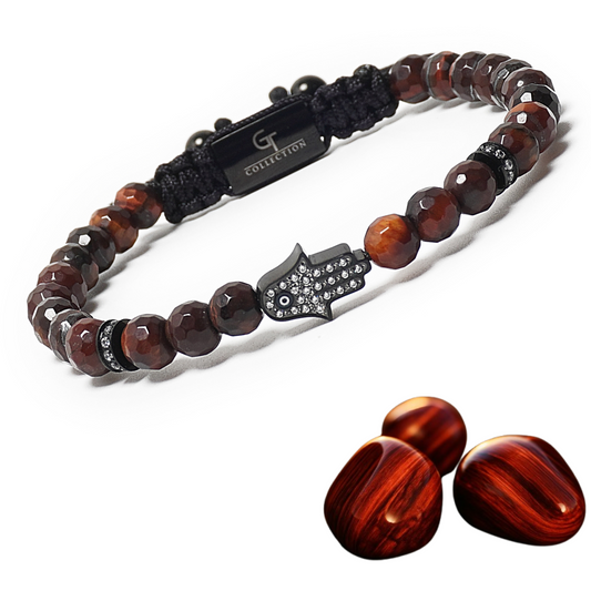 Men's RED TIGER EYE Bracelet with Black HAMSA Hand
