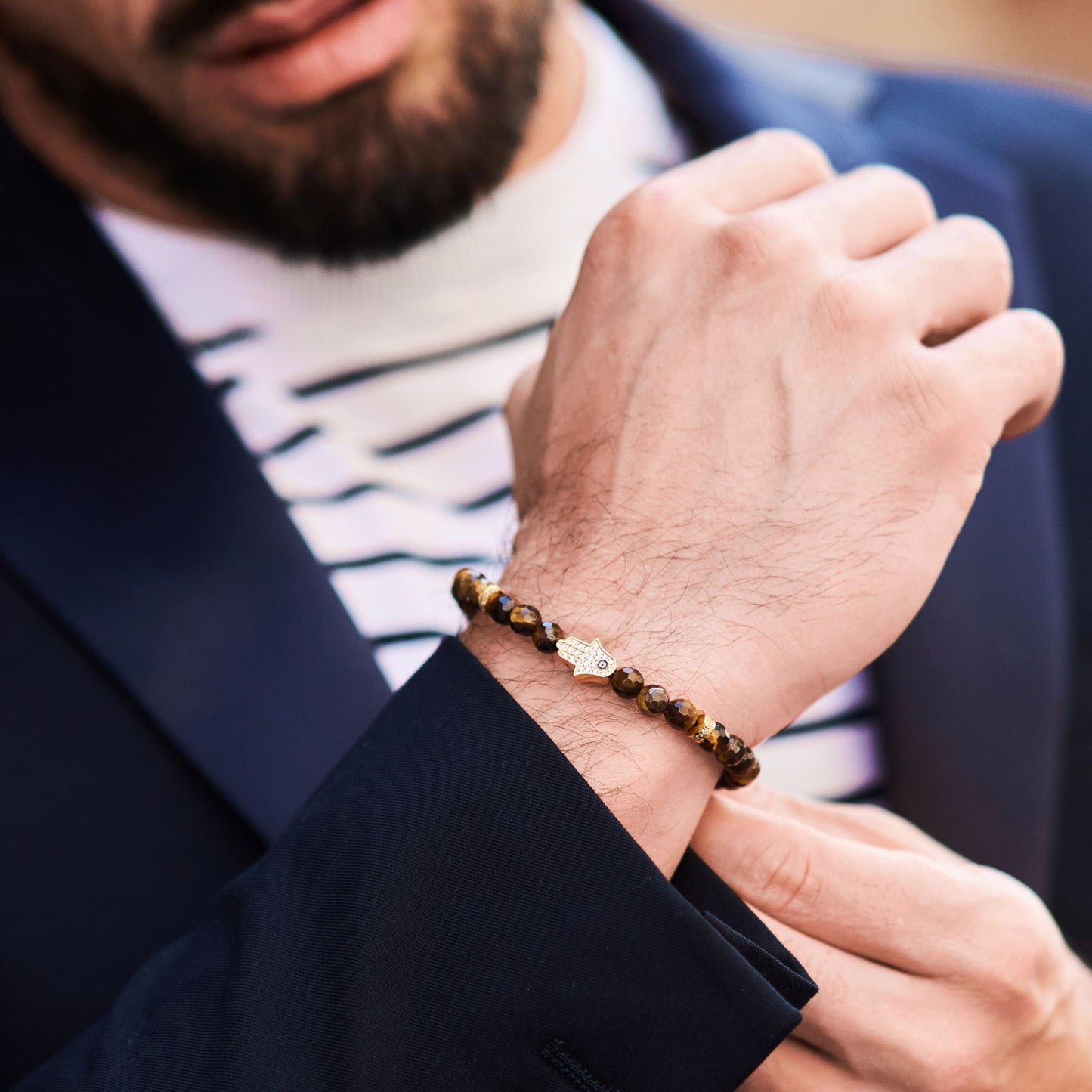 Men's TIGER EYE Bracelet with Golden HAMSA Hand