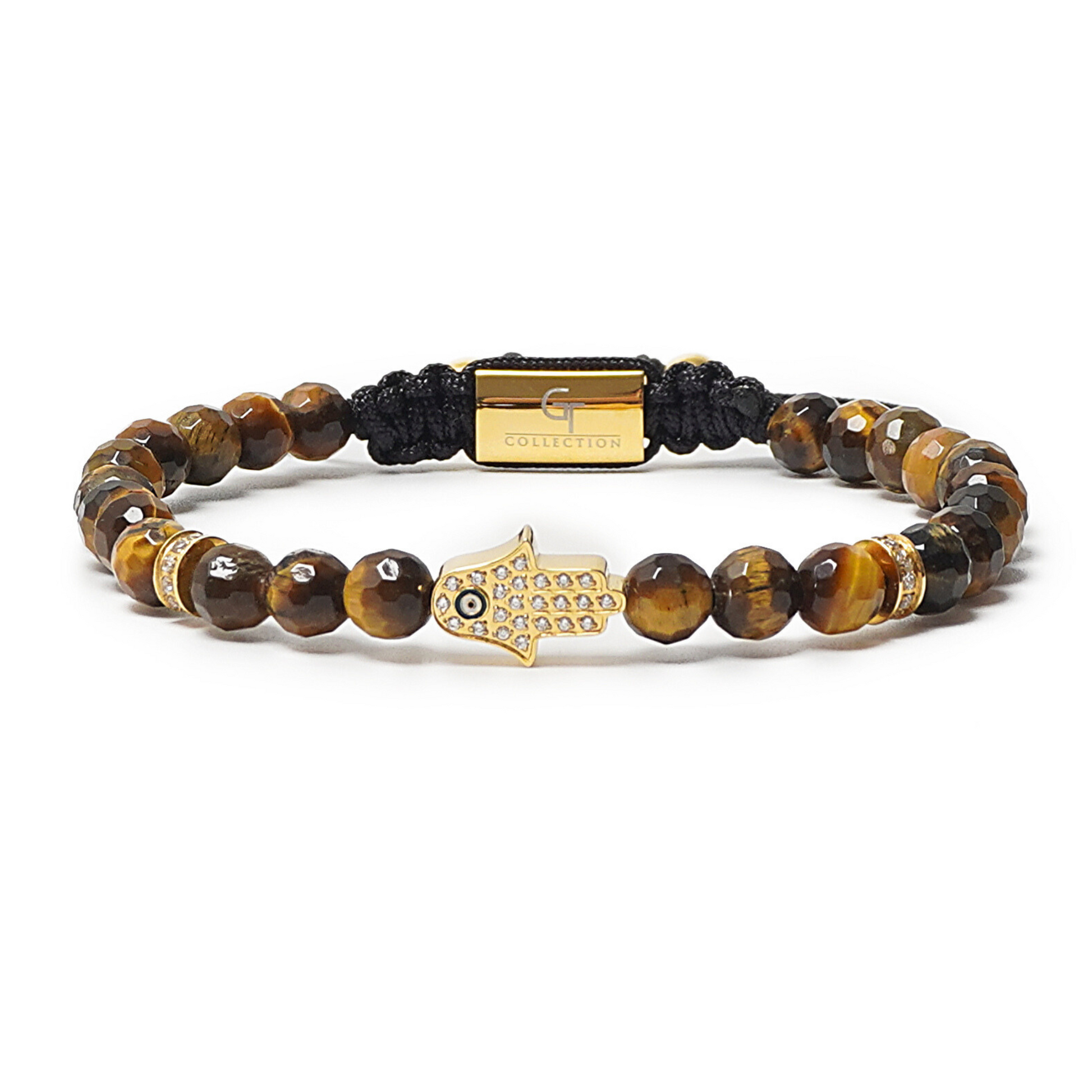 A men's bracelet with brown tiger eye stones and a gold-plated stainless steel Hamsa hand charm, with an adjustable macrame knot.