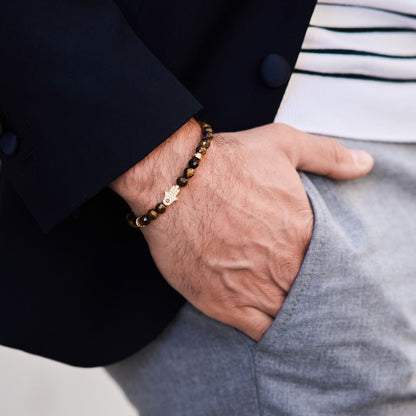 Men's TIGER EYE Bracelet with Golden HAMSA Hand