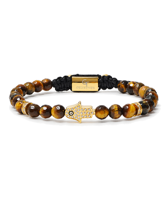 Tiger eye bead hamsa hand bracelet with pave-style hamsa charm, gold spacer and black cord
