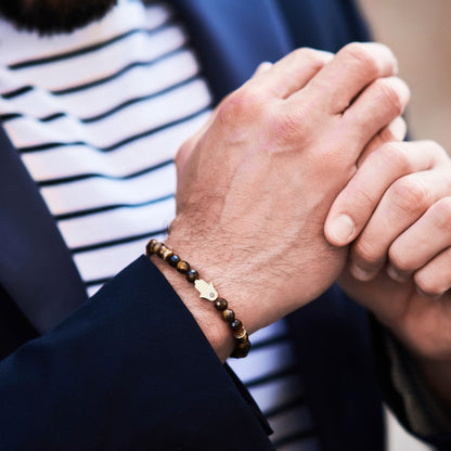 Men's TIGER EYE Bracelet with Golden HAMSA Hand