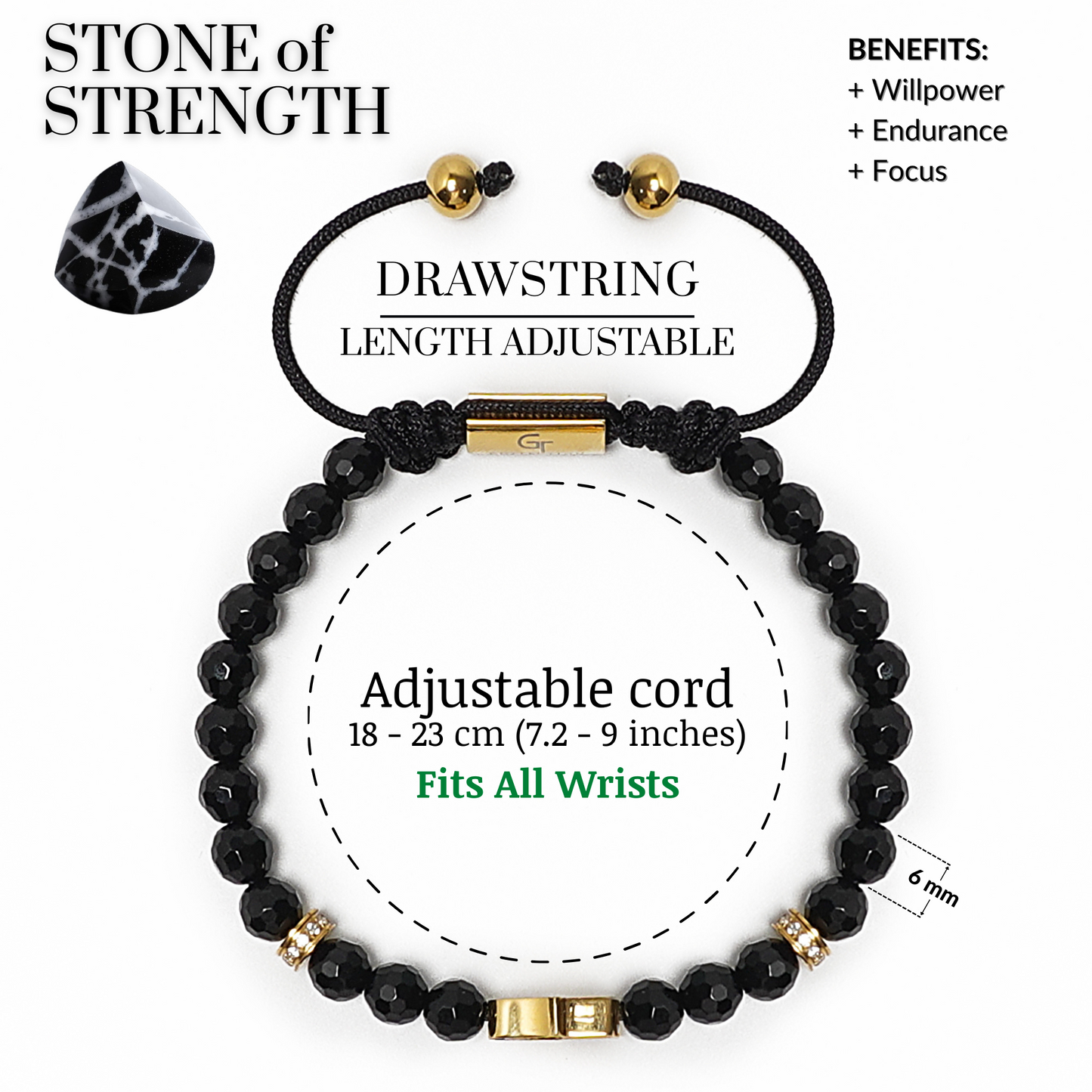 Men's BLACK ONYX Bracelet with Golden HAMSA Hand