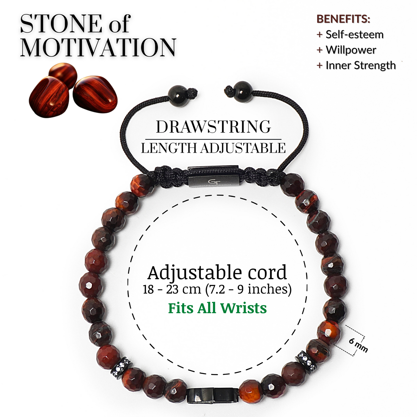 Men's RED TIGER EYE Bracelet with Black HAMSA Hand