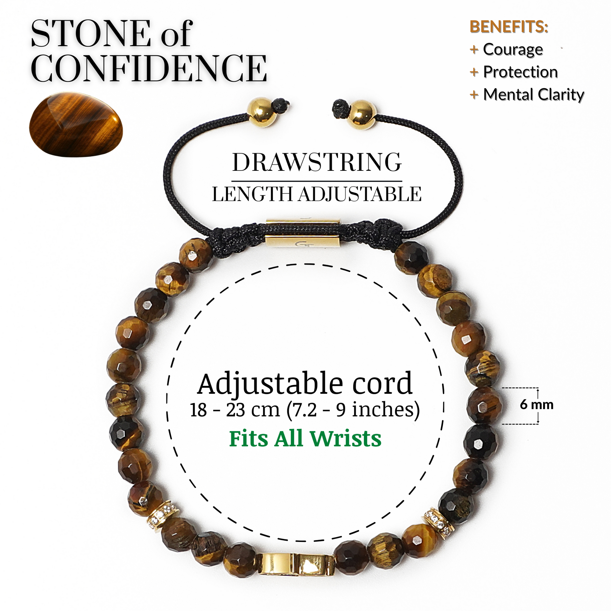 Adjustable beaded bracelet with tiger eye stones on a white background