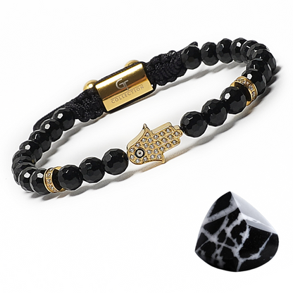 Men's BLACK ONYX Bracelet with Golden HAMSA Hand