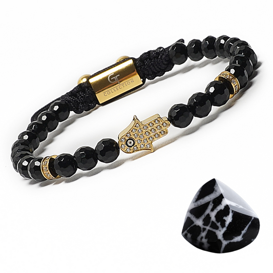 Men's BLACK ONYX Bracelet with Golden HAMSA Hand