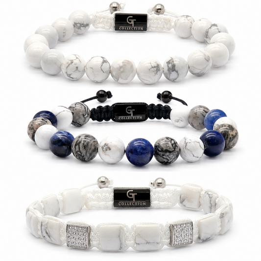 3-piece Howlite bracelet set: white, blue, and black cord styles with bead accents