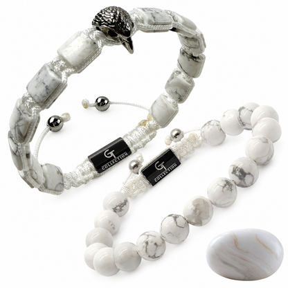 White howlite bead bracelet set with silver eagle charms and heart stone pendant