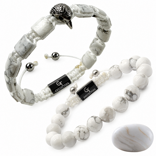 White howlite bead bracelet set with silver eagle charms and heart stone pendant