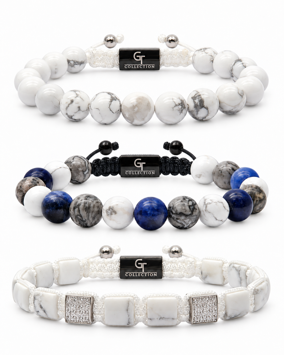 3-piece bracelet set with white howlite and blue sodalite beads, with metal accents Immagine principale del prodotto