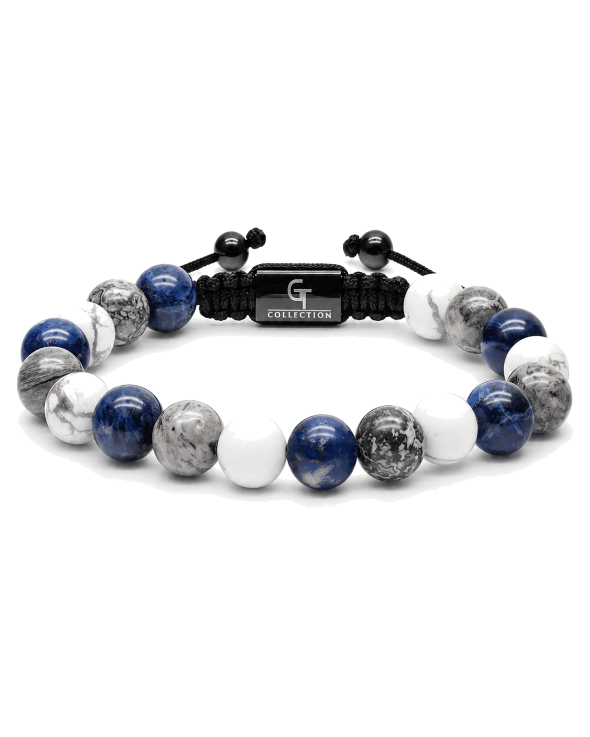 Beaded bracelet viewed straight-on with blue and white round stones on black cord Main image