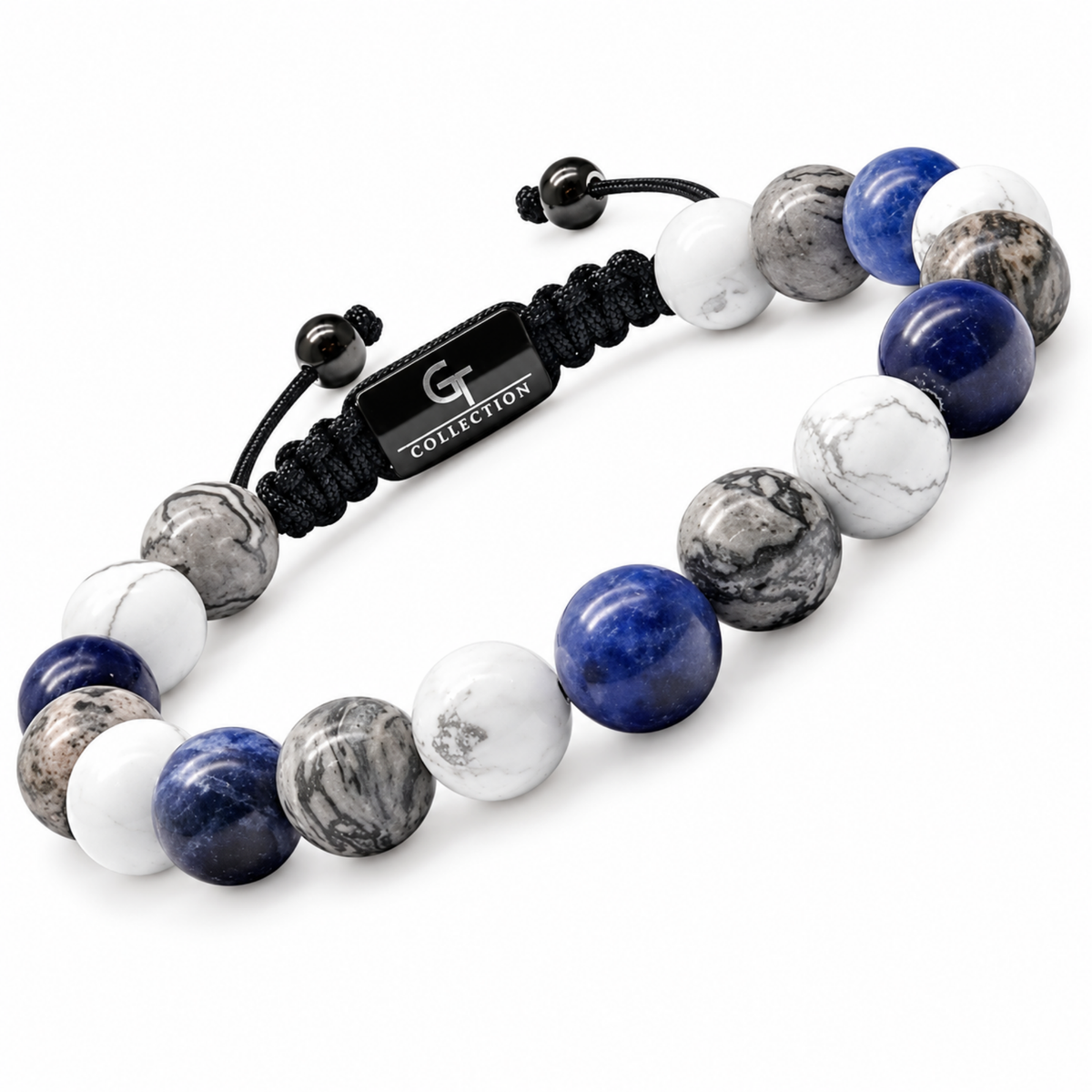 Beaded bracelet close-up with blue, white, and gray stones and black cord center label G COLLECTION