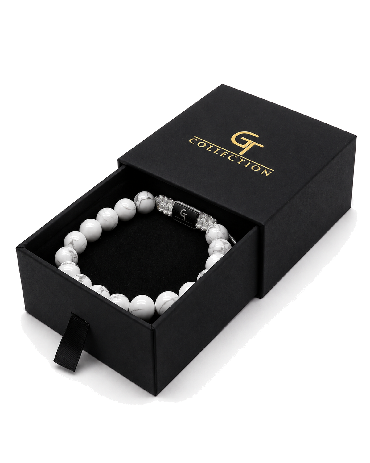 White howlite bead bracelet in black gift box