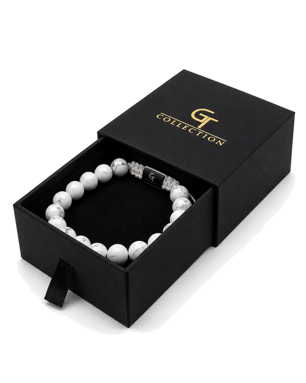 White howlite bead bracelet in black gift box
