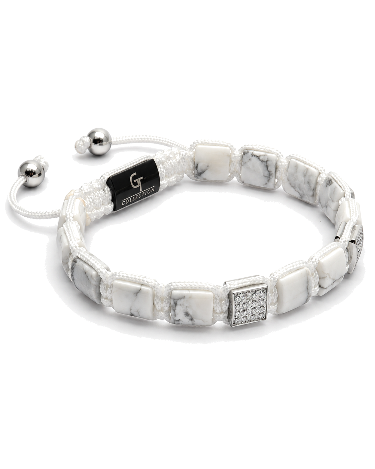 White marble-effect bead bracelet with black logo centerpiece and silver end beads