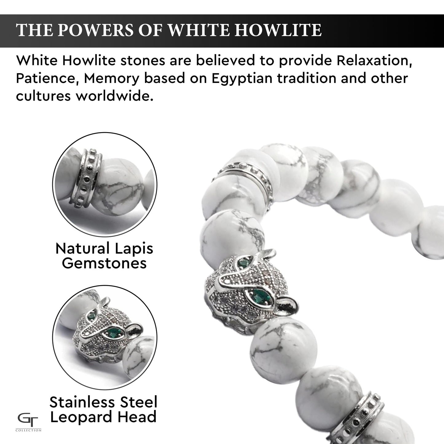 Men's WHITE HOWLITE Bracelet With Silver LEOPARD Head