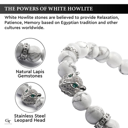 Men's WHITE HOWLITE Bracelet With Silver LEOPARD Head