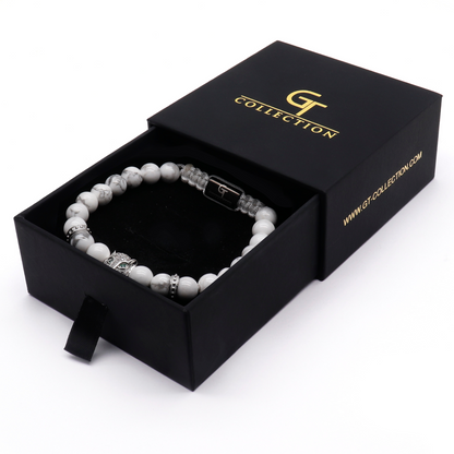 Men's WHITE HOWLITE Bracelet With Silver LEOPARD Head