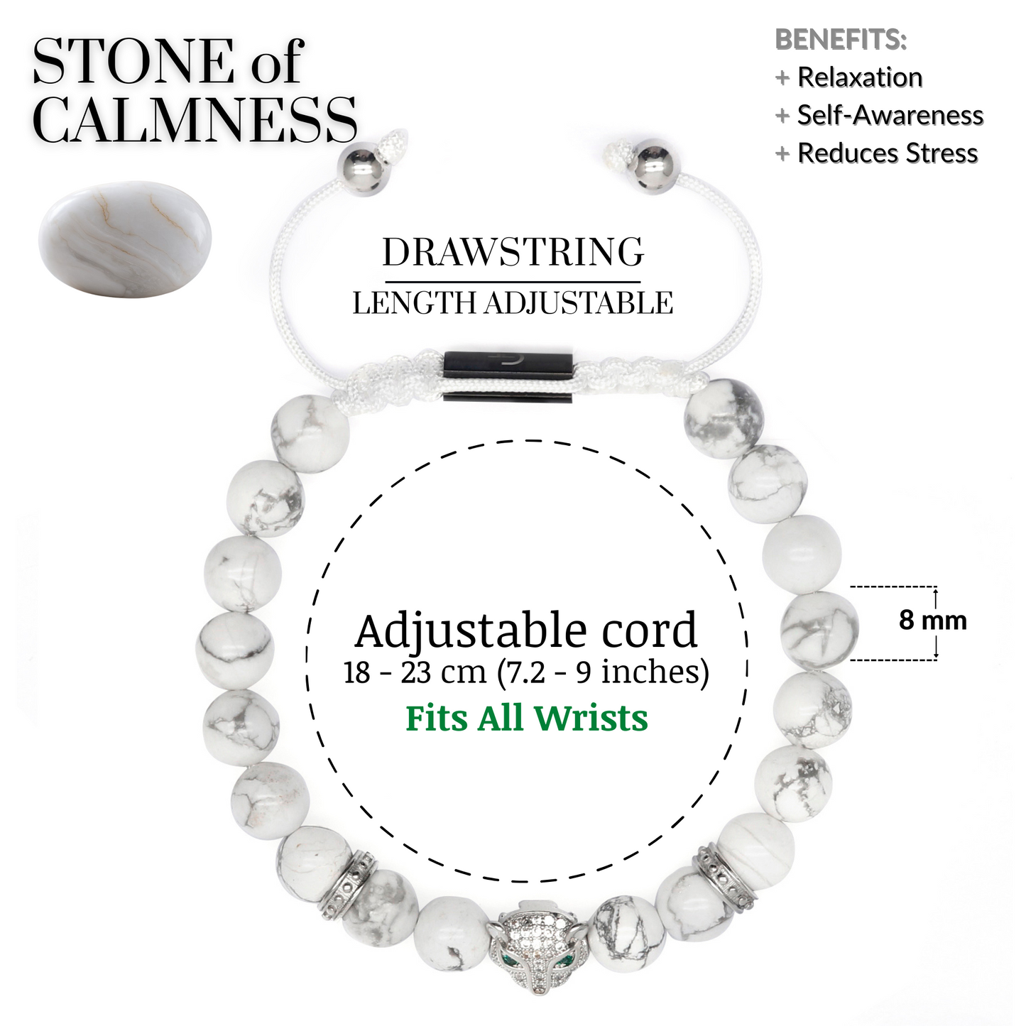 Men's WHITE HOWLITE Bracelet With Silver LEOPARD Head