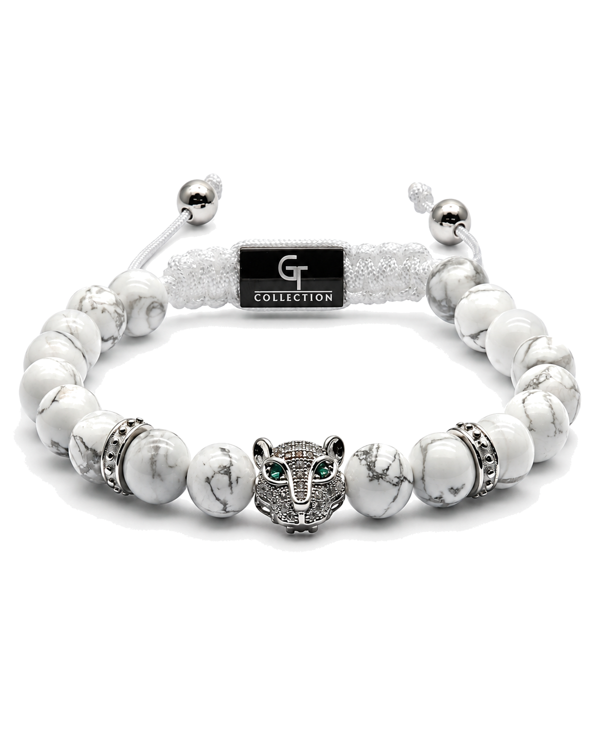 White howlite bead bracelet with crown-like silver centerpiece and bead rings