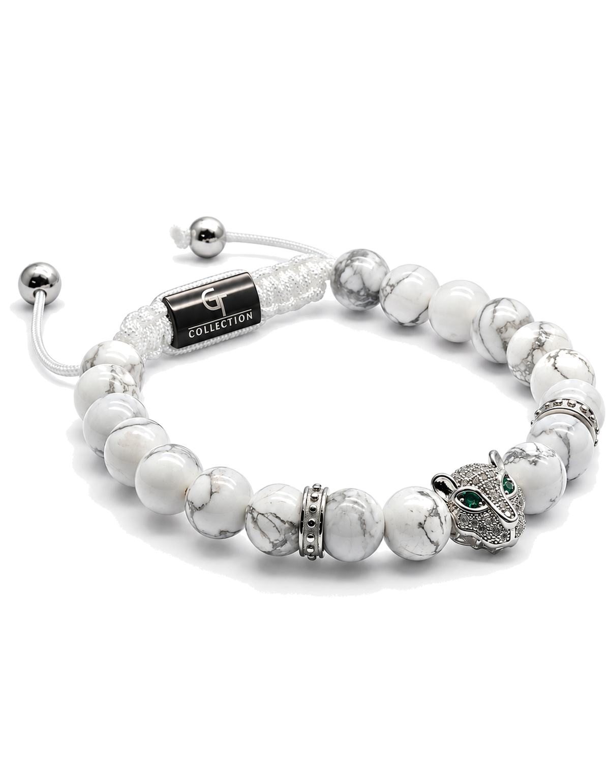 White howlite bead bracelet with silver spacers and green-eyed leopard charm
