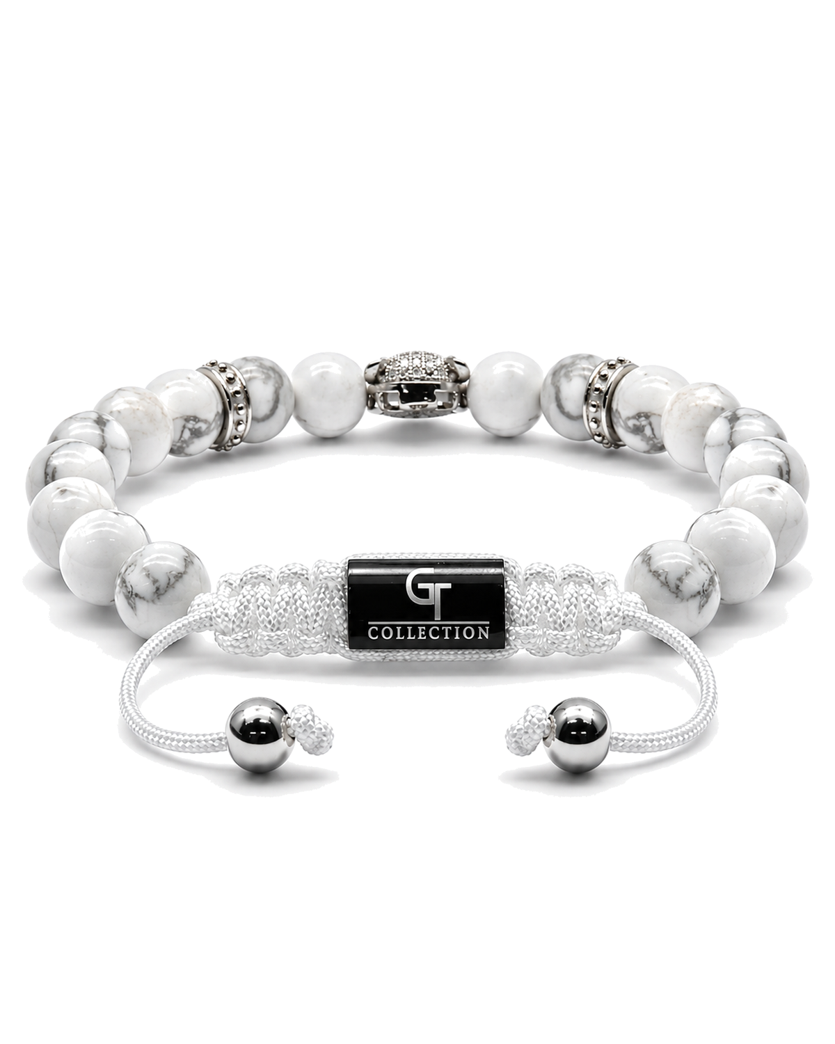 White howlite bead bracelet with silver leopard-style centerpiece and charm accents