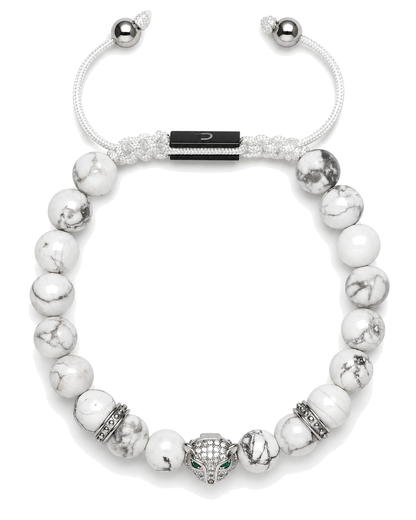 White howlite bead bracelet with black enamel tag and silver spacer beads