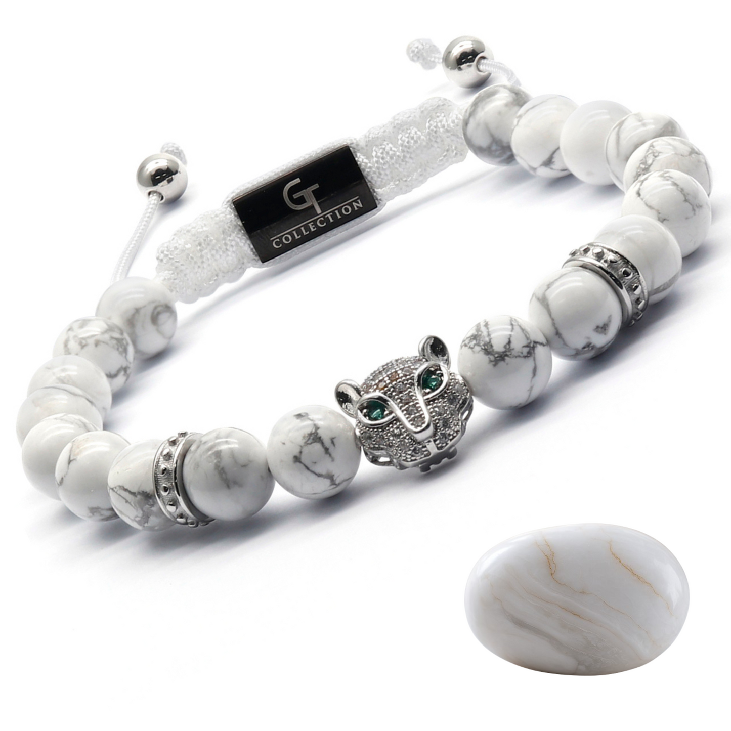 Men's WHITE HOWLITE Bracelet With Silver LEOPARD Head