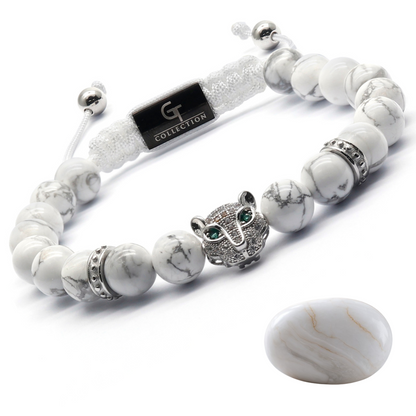 Men's WHITE HOWLITE Bracelet With Silver LEOPARD Head
