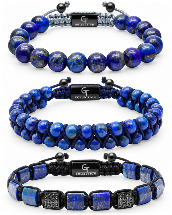 3-piece lapis lazuli beaded bracelet set with black macrame and metal clasp