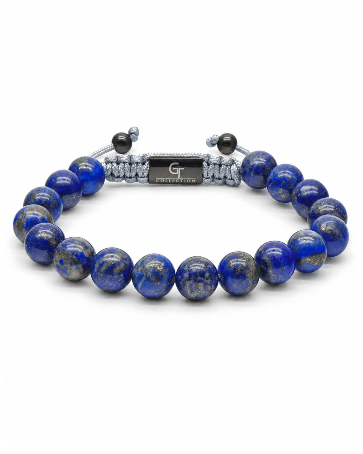 Blue lapis lazuli bead bracelet with gray cord and engraved center plate detail Main image
