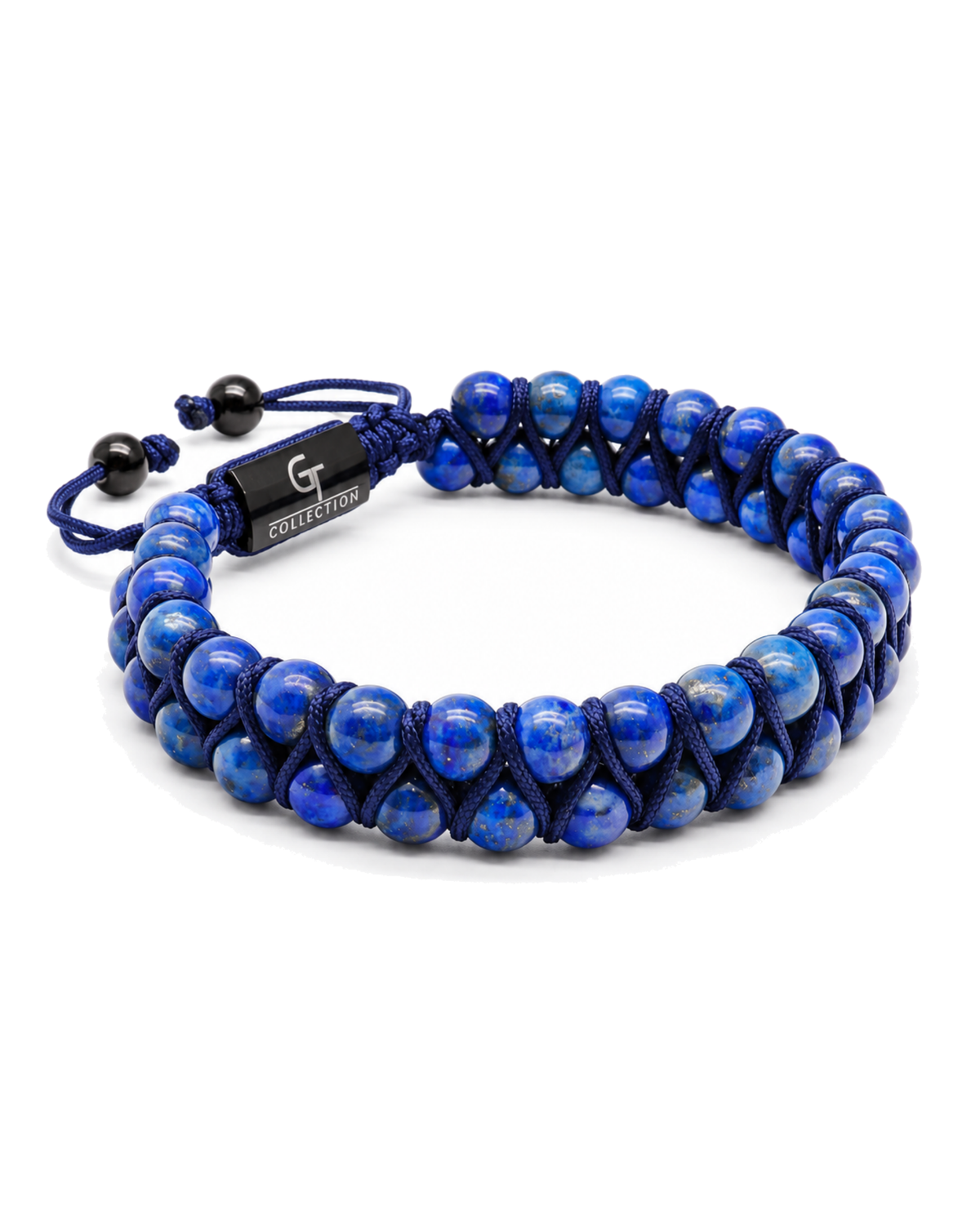 Double-row lapis blue beaded bracelet with rectangular black logo clasp and cord ties