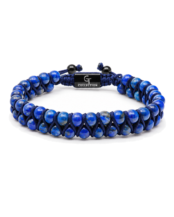 Lapis blue beaded double-row bracelet with black clasp and dark cord ends